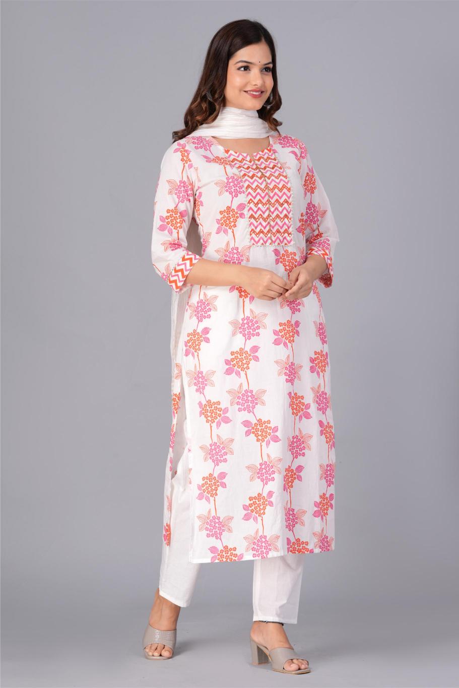 White Floral Printed Cotton Kurta Set