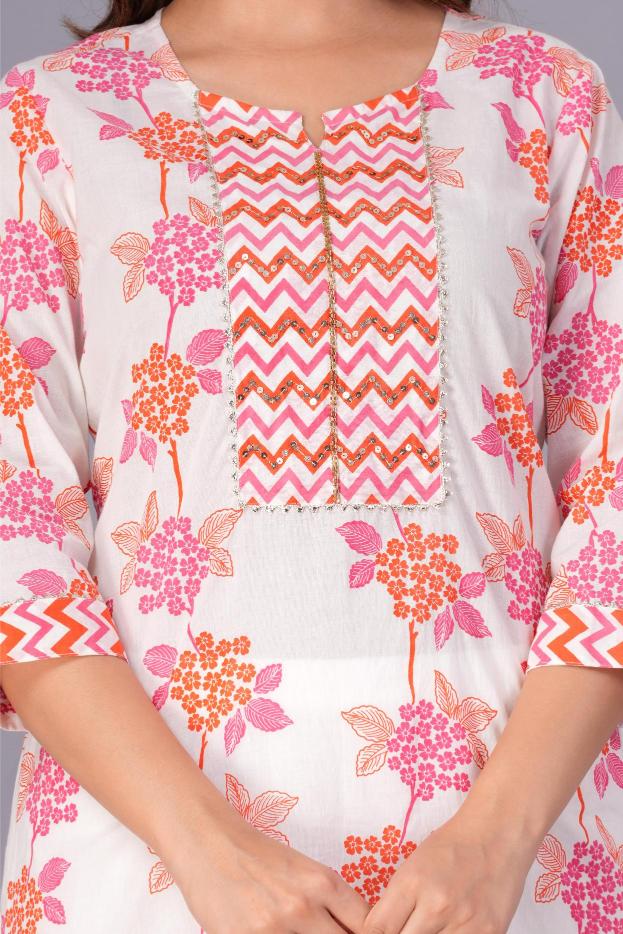 White Floral Printed Cotton Kurta Set