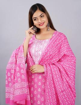 Pink & White Hand-Block Printed Cotton Suit Set