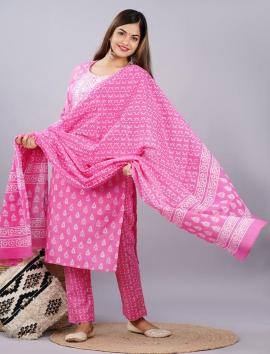 Pink & White Hand-Block Printed Cotton Suit Set
