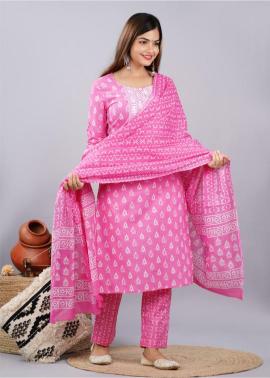 Pink & White Hand-Block Printed Cotton Suit Set