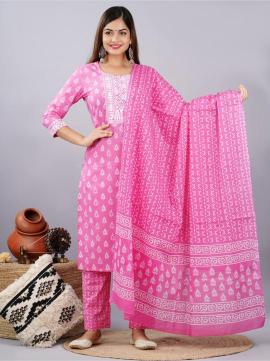Pink & White Hand-Block Printed Cotton Suit Set