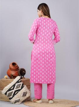 Pink & White Hand-Block Printed Cotton Suit Set