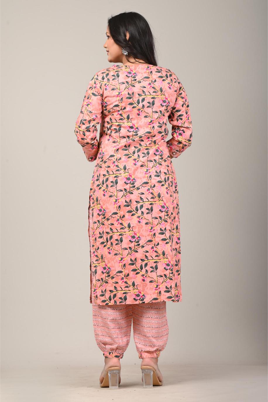 Peach Floral Printed Cotton Kurta Set