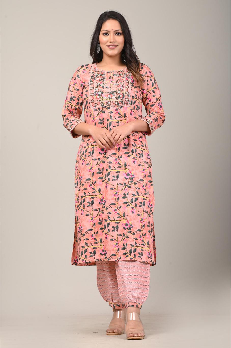 Peach Floral Printed Cotton Kurta Set