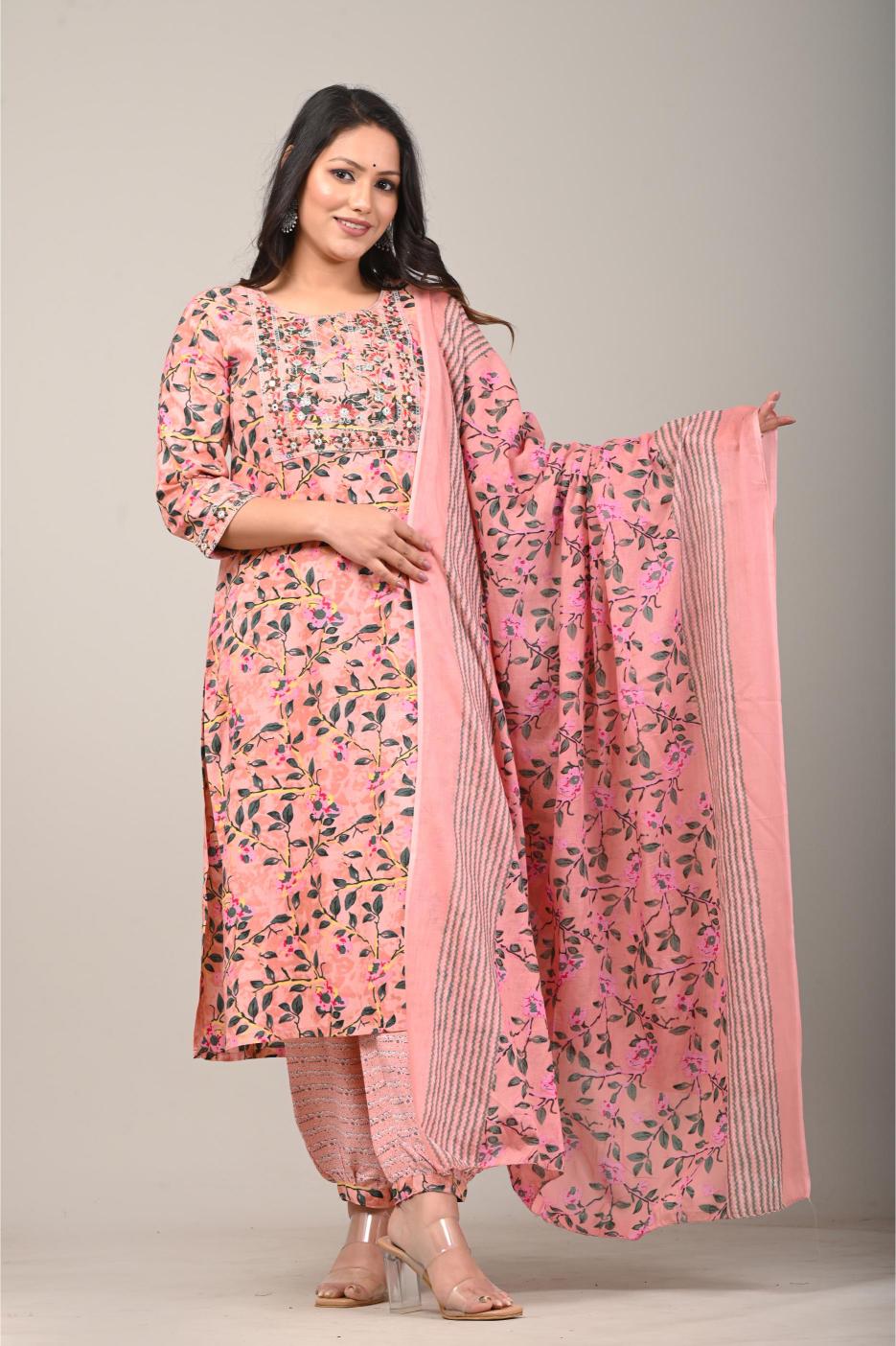 Peach Floral Printed Cotton Kurta Set