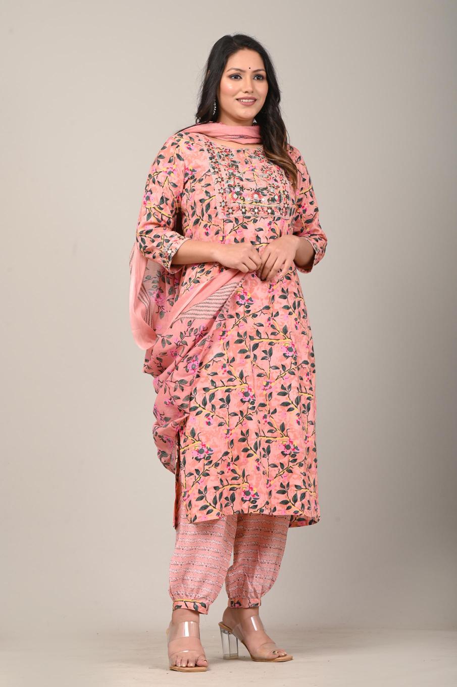Peach Floral Printed Cotton Kurta Set