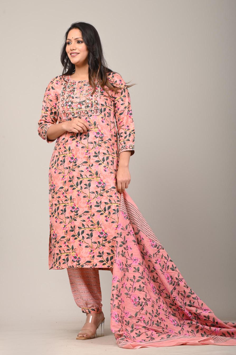 Peach Floral Printed Cotton Kurta Set