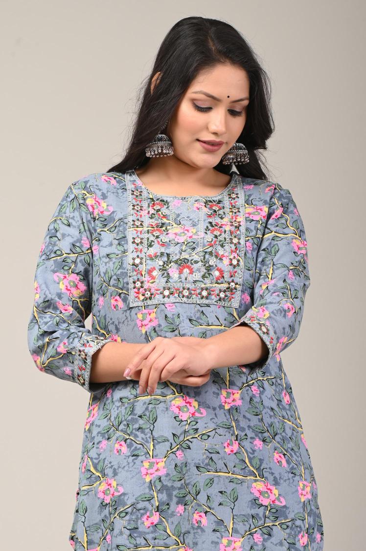 Blue Floral Printed Cotton Kurta Set