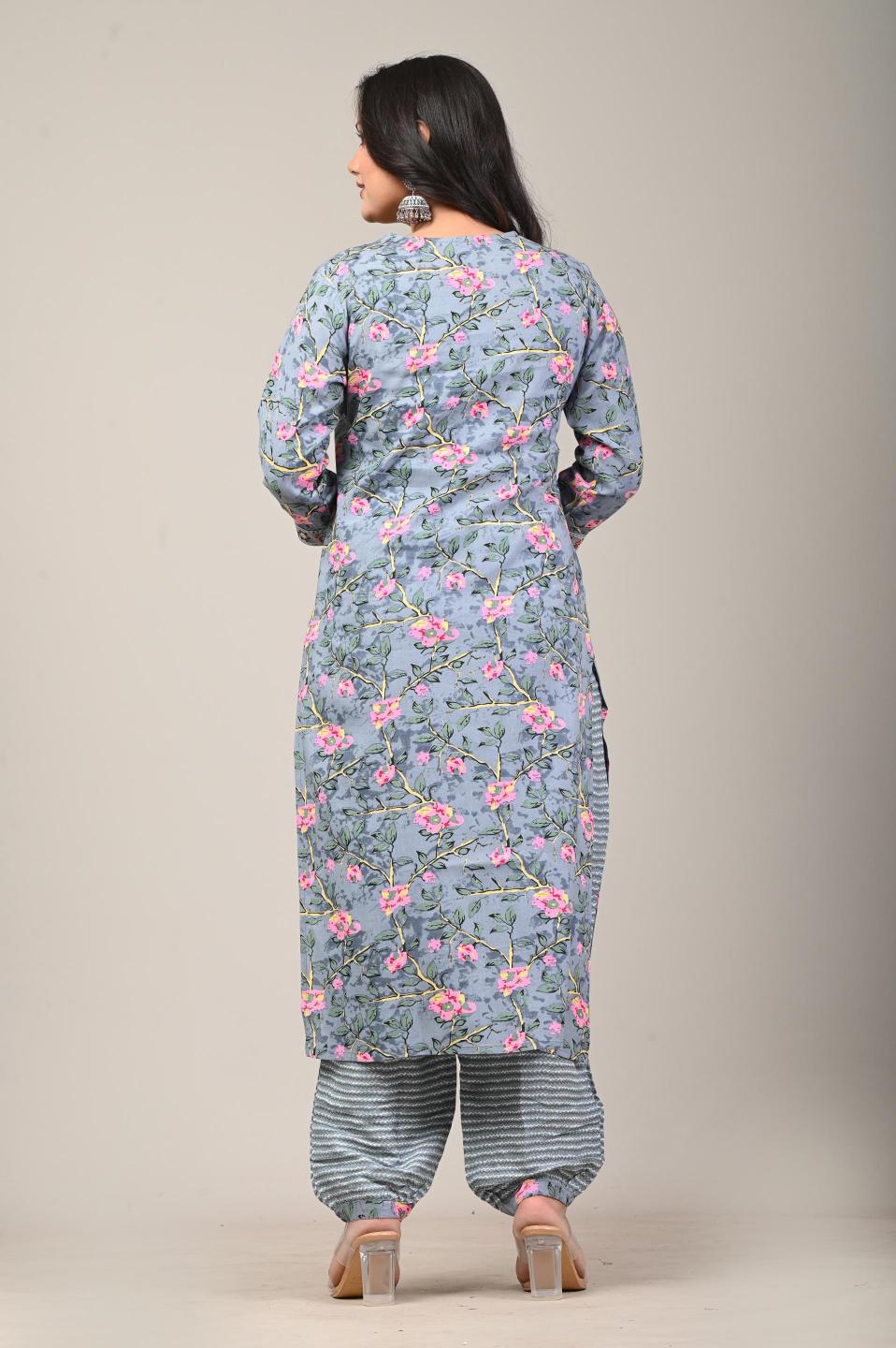 Blue Floral Printed Cotton Kurta Set