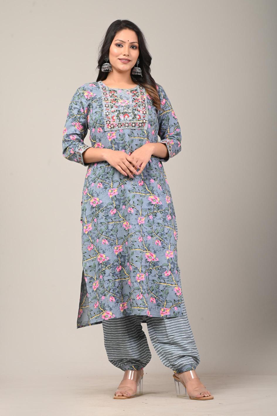 Blue Floral Printed Cotton Kurta Set