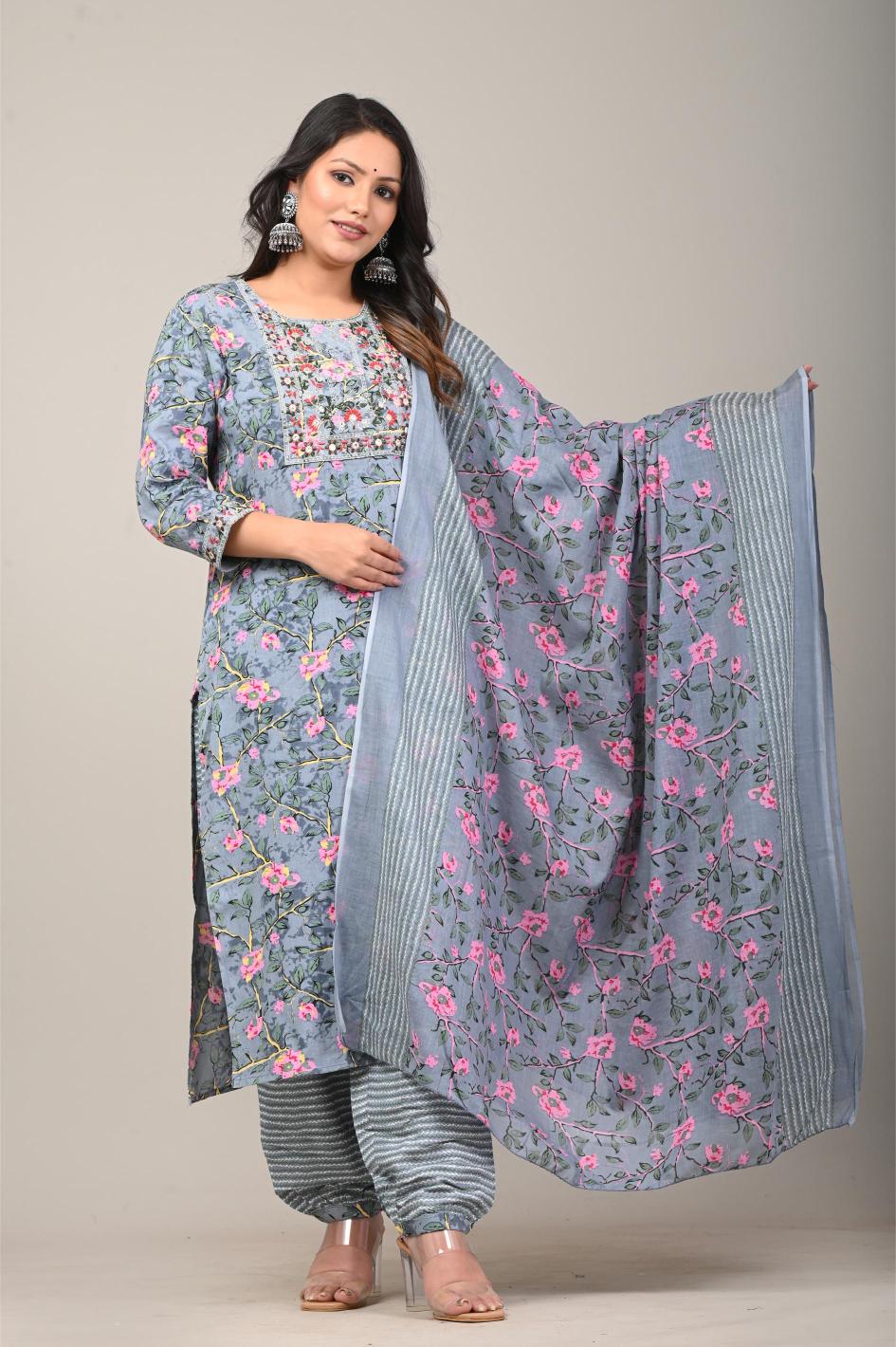 Blue Floral Printed Cotton Kurta Set