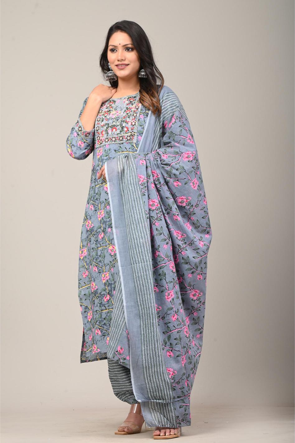 Blue Floral Printed Cotton Kurta Set