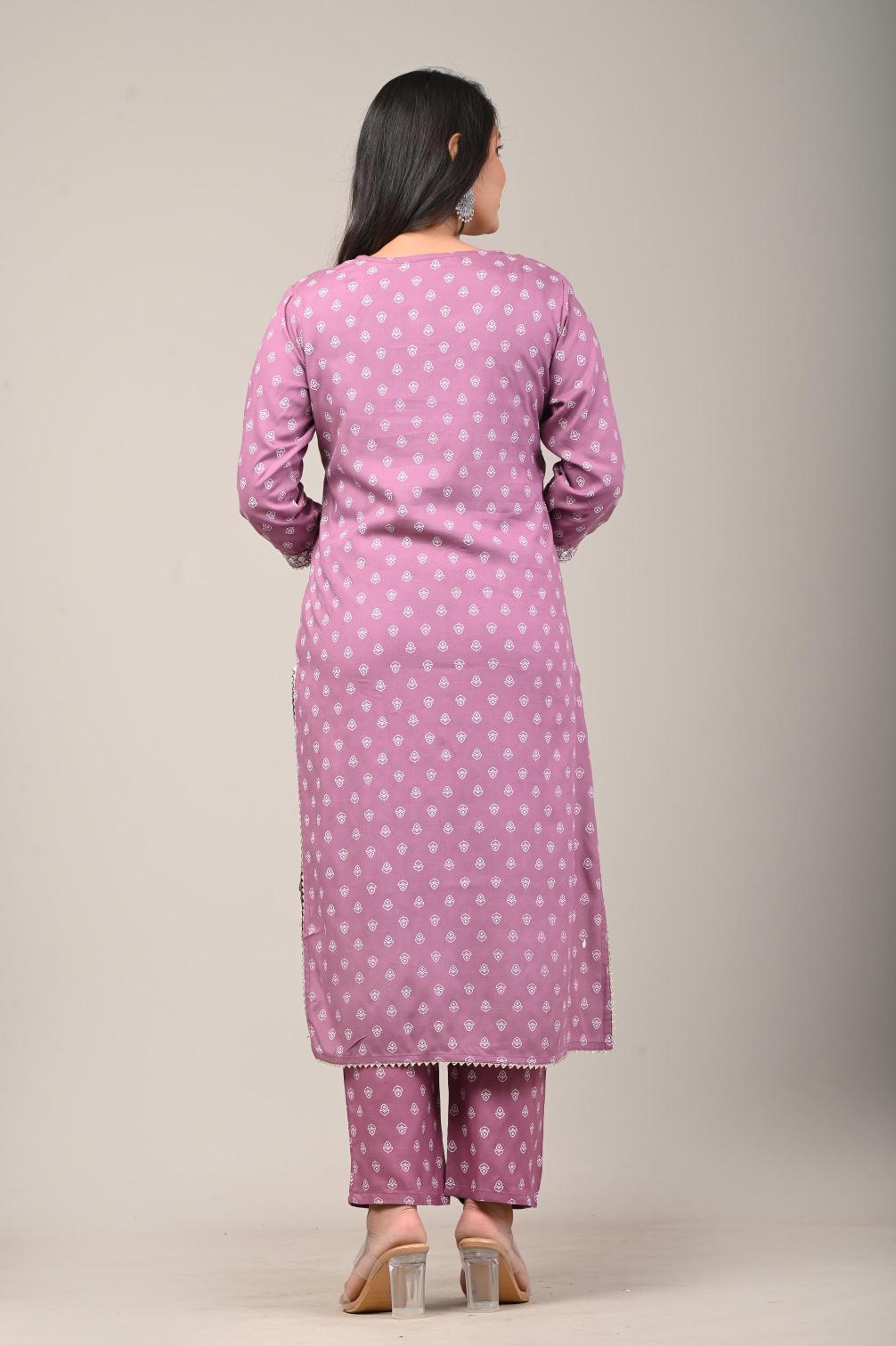 Lavender Printed Cotton Kurta Set