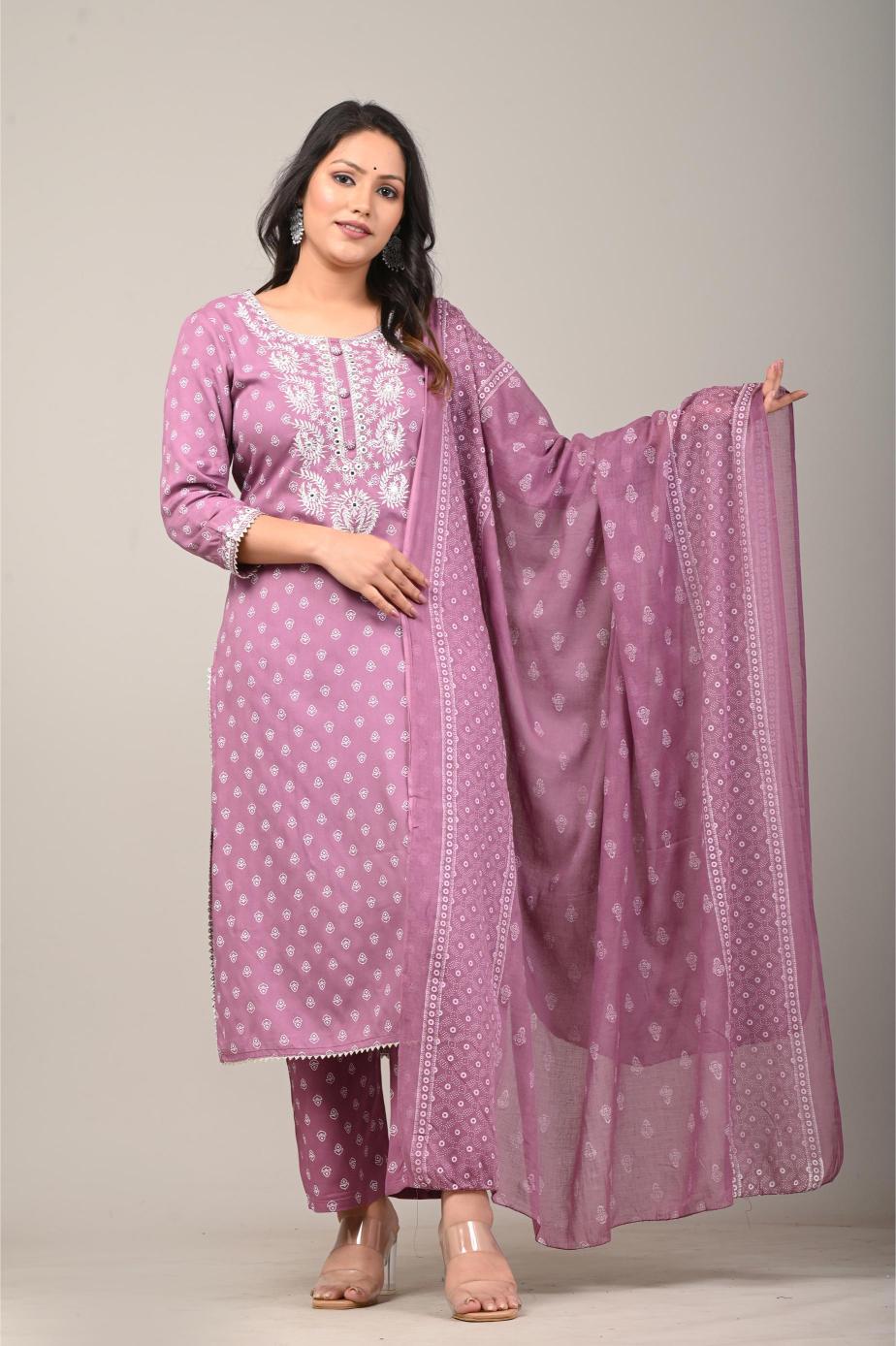 Lavender Printed Cotton Kurta Set
