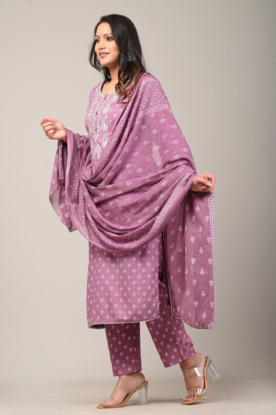 Lavender Printed Cotton Kurta Set