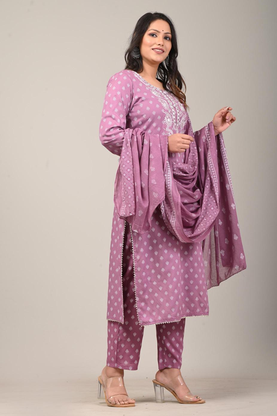 Lavender Printed Cotton Kurta Set