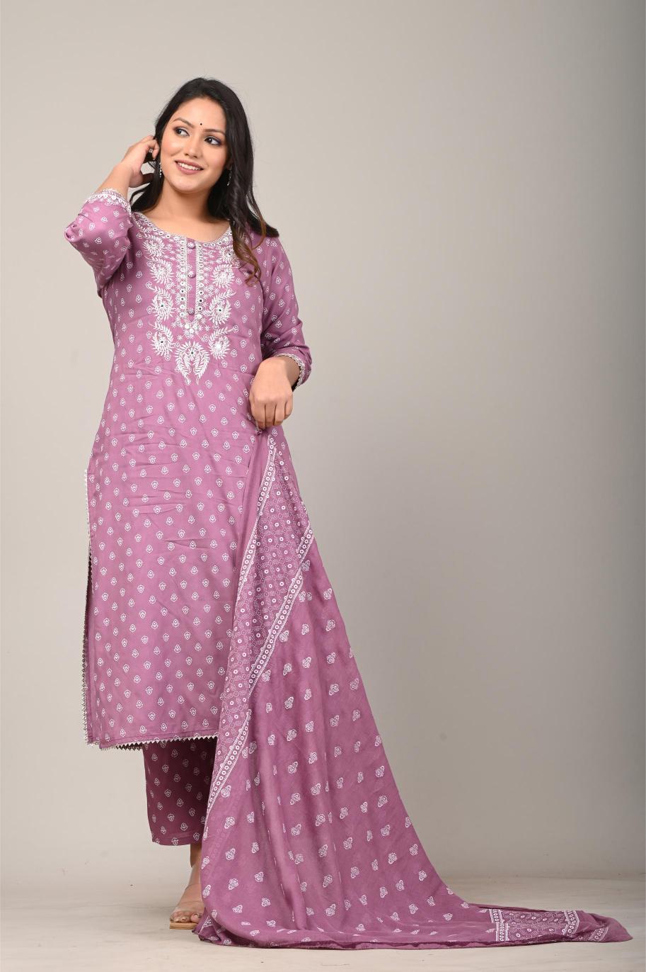 Lavender Printed Cotton Kurta Set