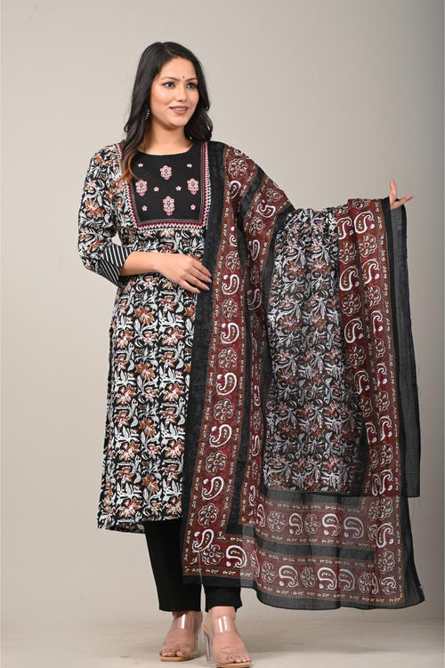 Black & Maroon Hand-Block Printed Suit Set