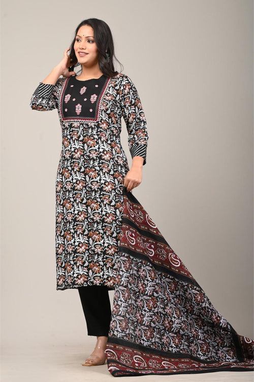 Black & Maroon Hand-Block Printed Suit Set