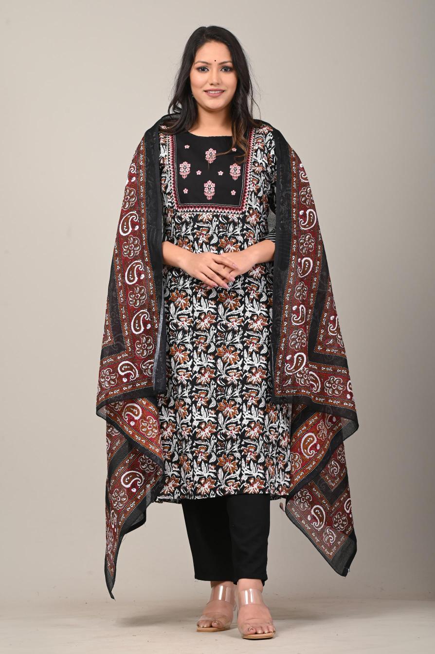 Black & Maroon Hand-Block Printed Suit Set