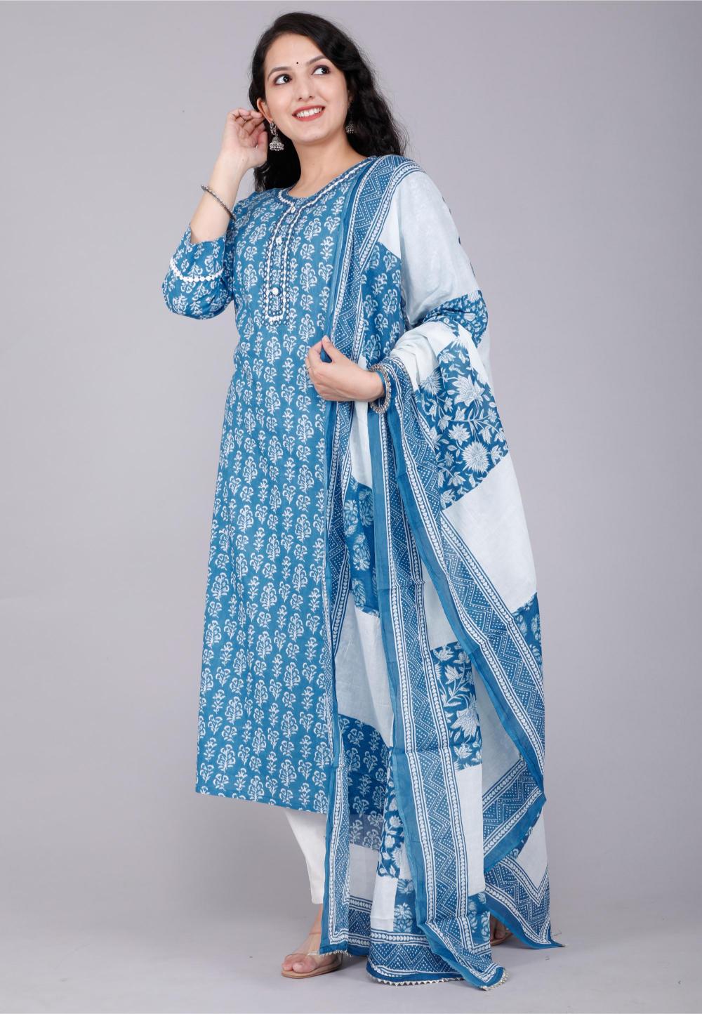 Indigo Blue Hand-Block Printed Cotton Suit Set