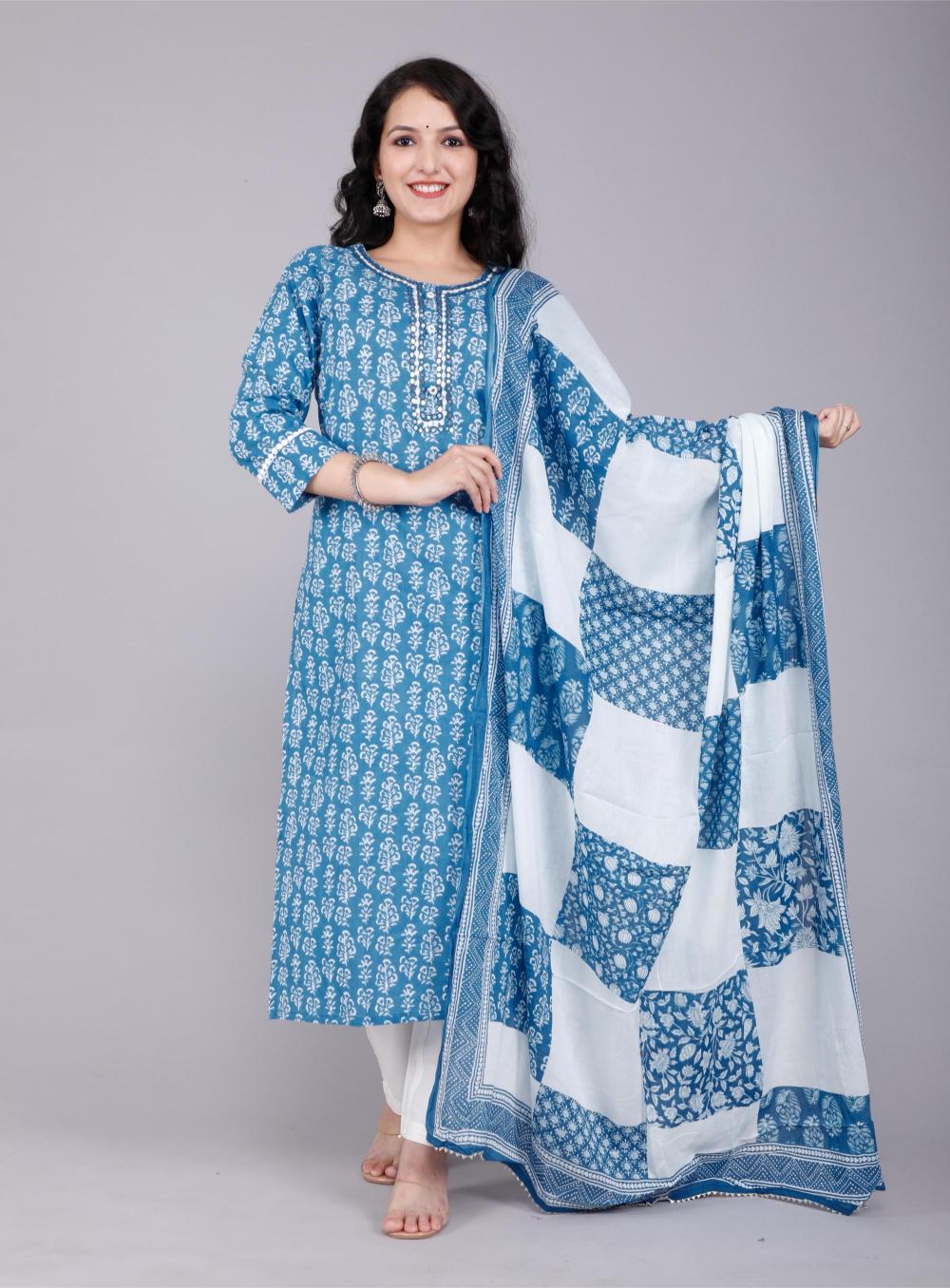 Indigo Blue Hand-Block Printed Cotton Suit Set