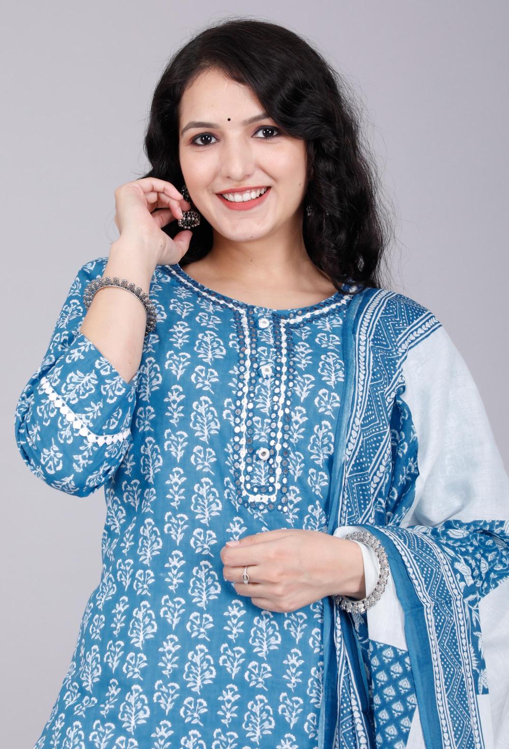 Indigo Blue Hand-Block Printed Cotton Suit Set