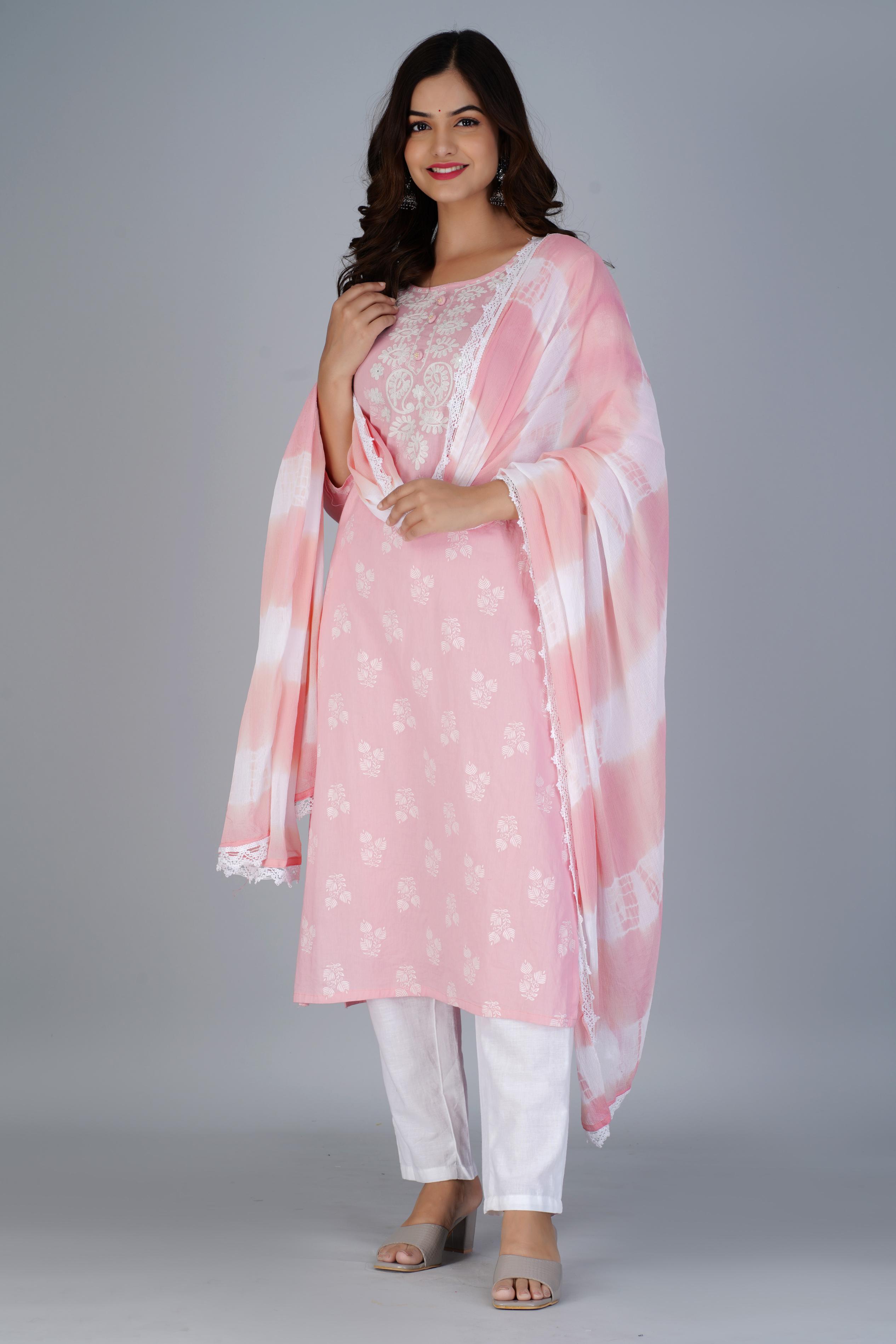 Blush Pink Embroidered Cotton Kurta Set