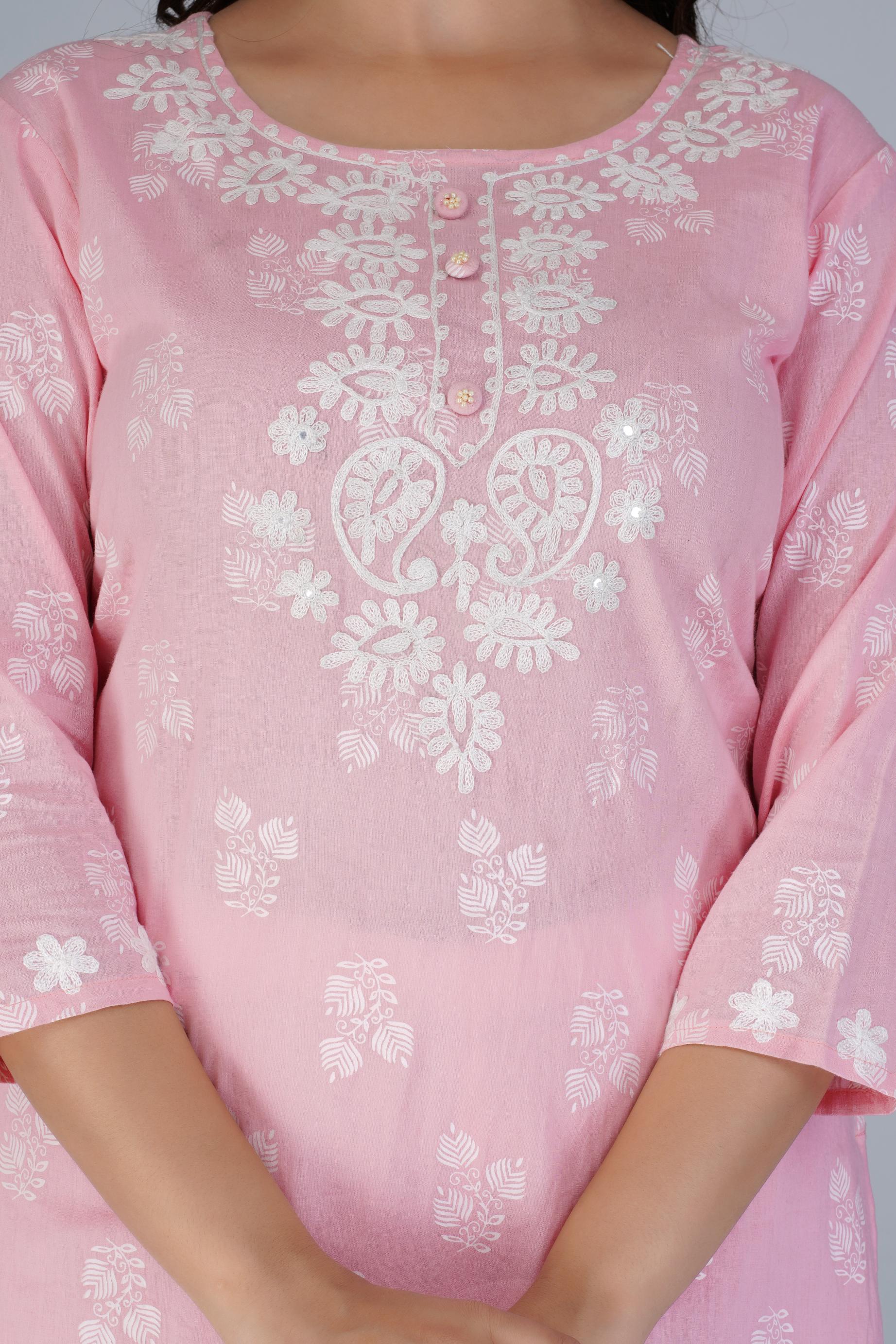 Blush Pink Embroidered Cotton Kurta Set