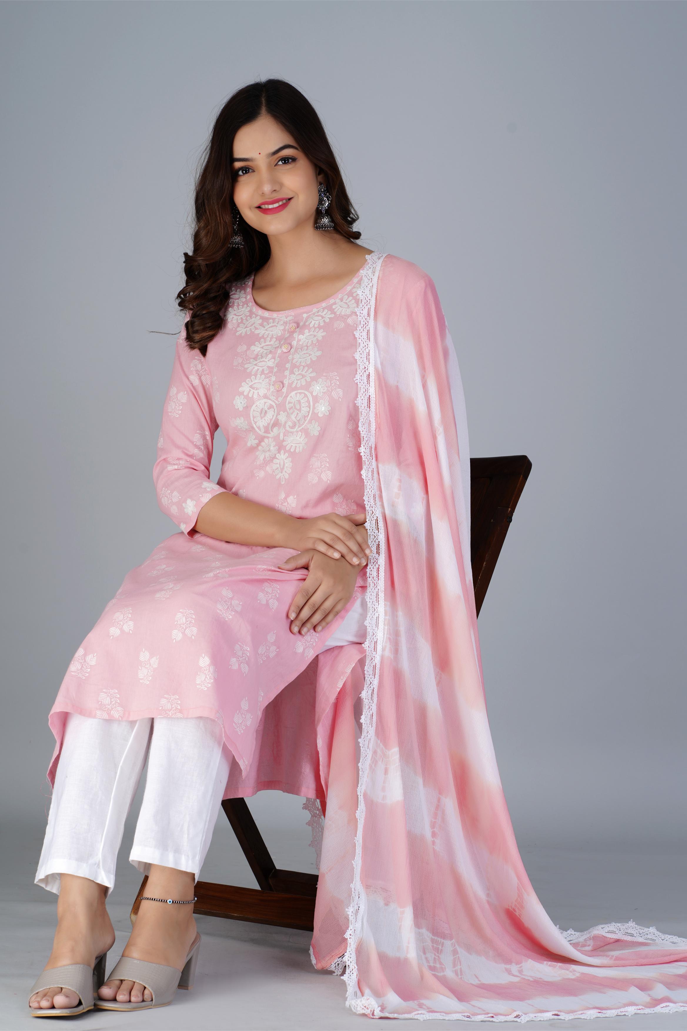 Blush Pink Embroidered Cotton Kurta Set