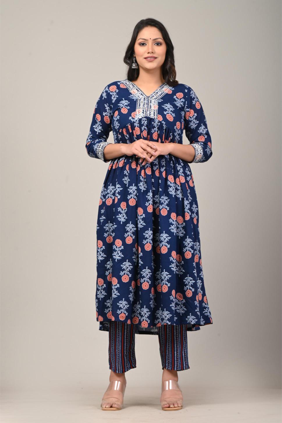 Navy Blue Floral Printed Cotton Suit Set