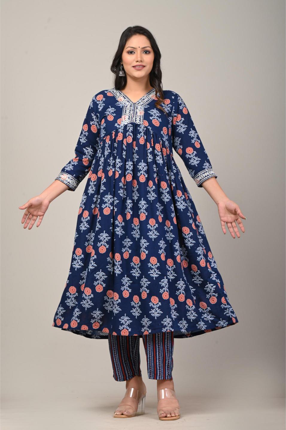 Navy Blue Floral Printed Cotton Suit Set