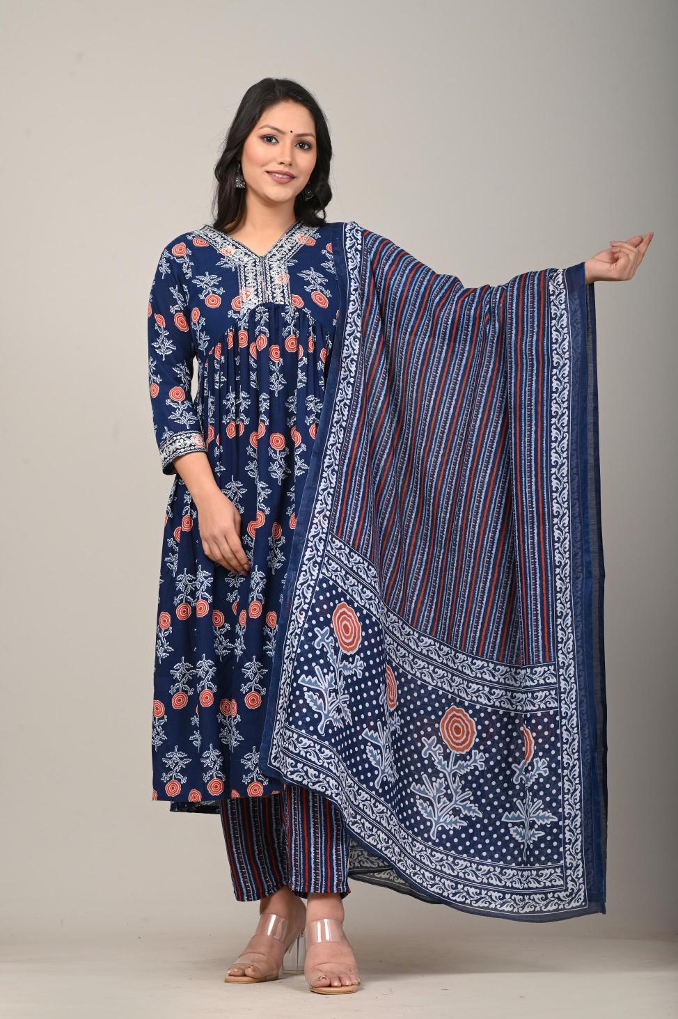Navy Blue Floral Printed Cotton Suit Set