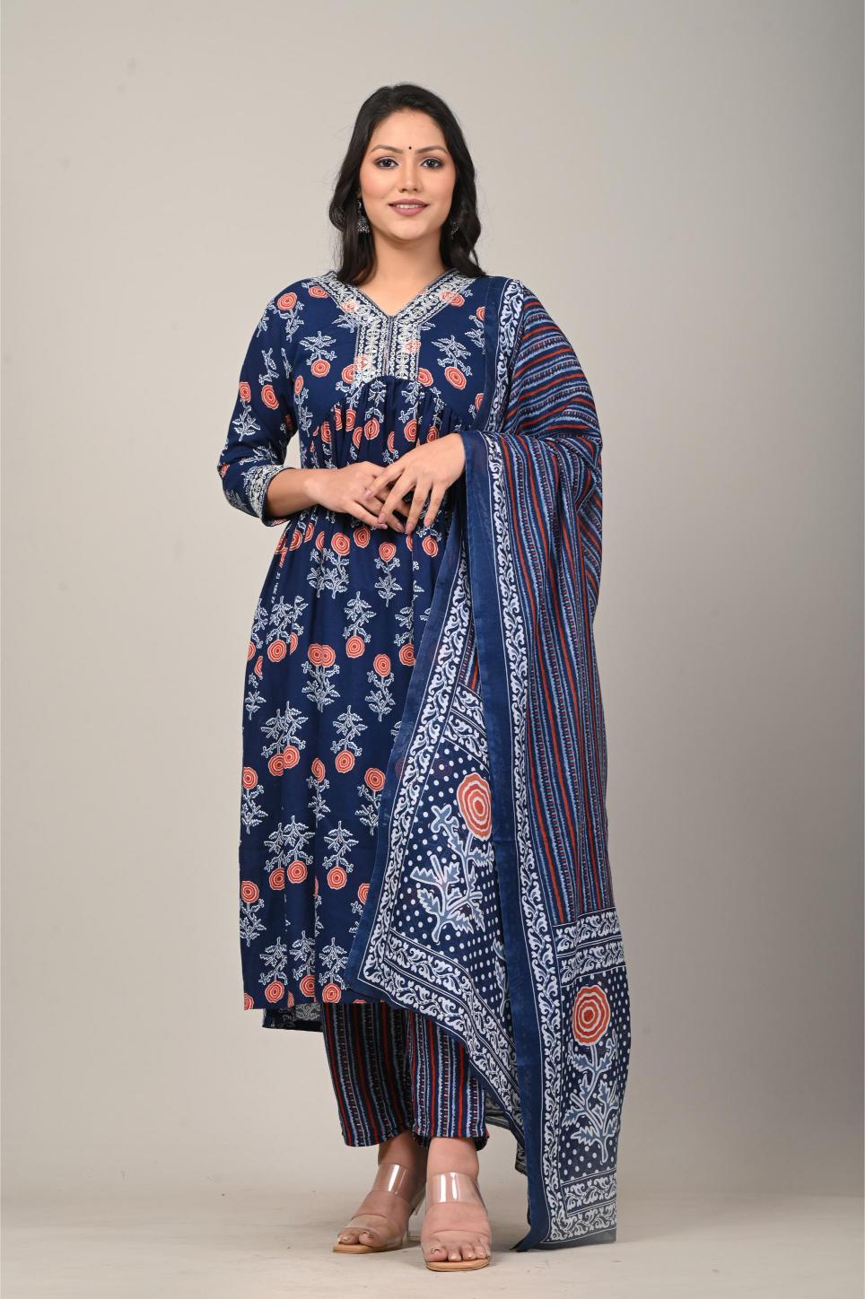 Navy Blue Floral Printed Cotton Suit Set