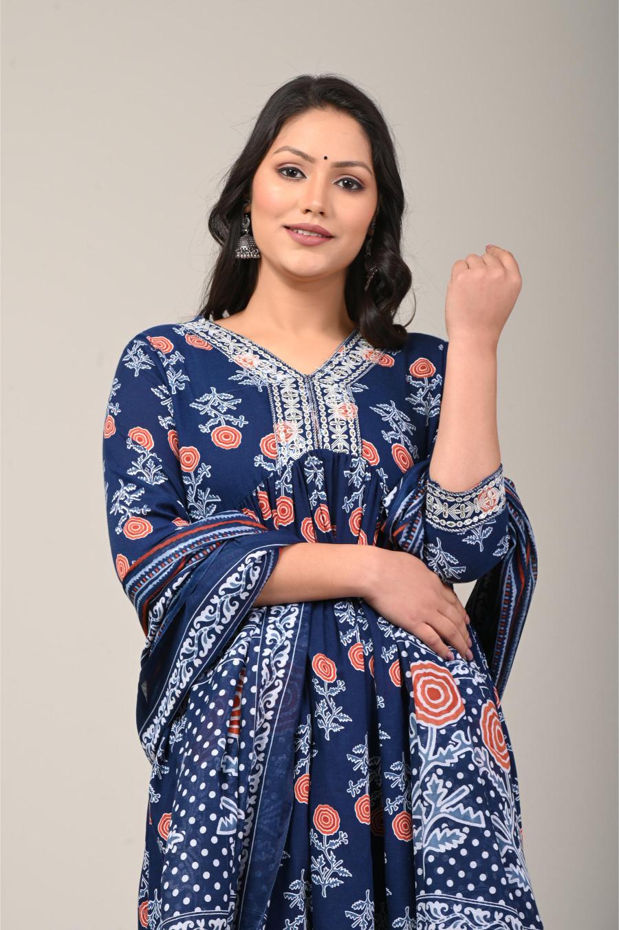 Navy Blue Floral Printed Cotton Suit Set