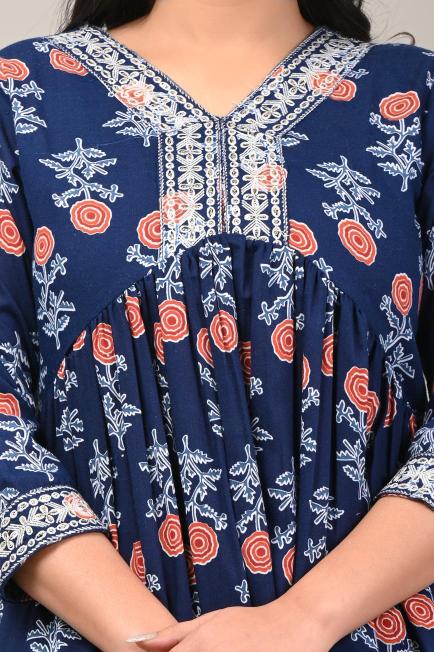 Navy Blue Floral Printed Cotton Suit Set